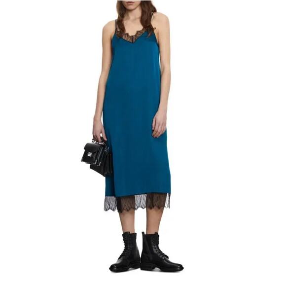 NWT The Kooples Teal Slip Dress Black Guipure Lace Trim US 2 MSRP $295 Grunge - Picture 1 of 14